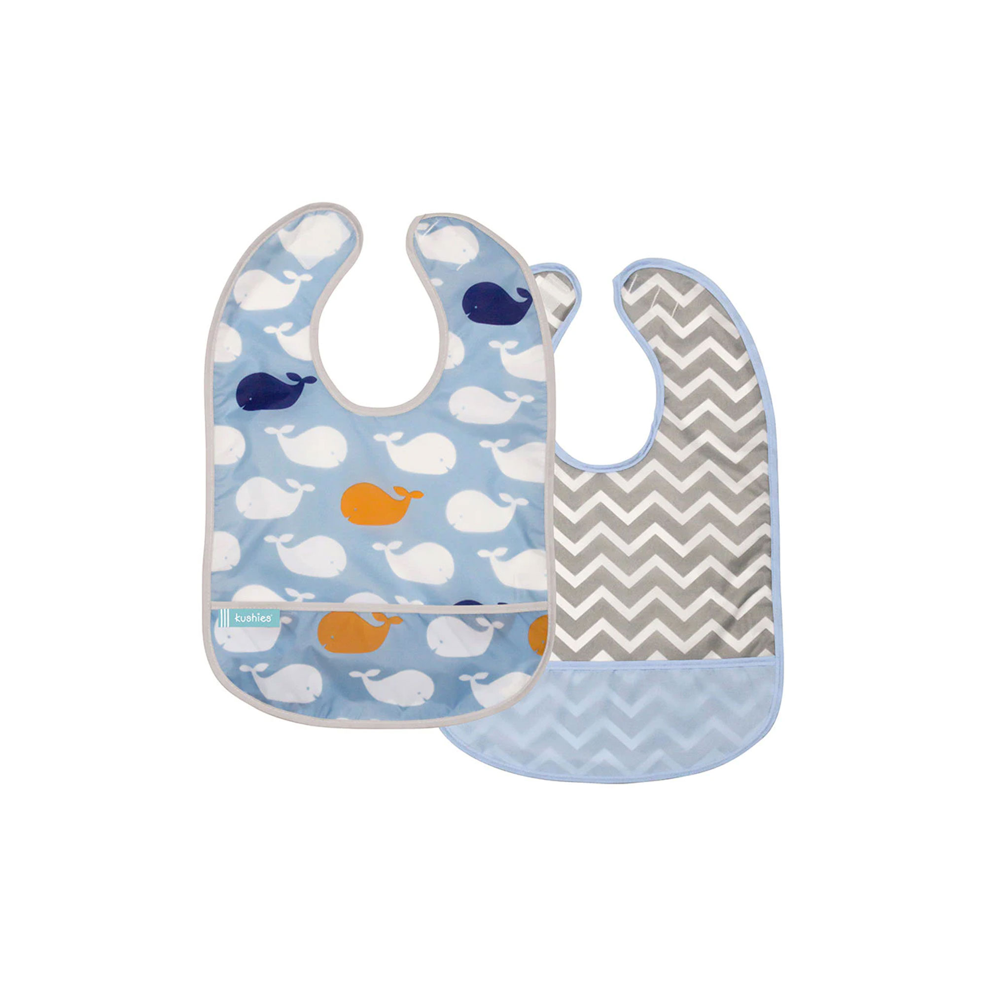 Kushies Cleanbib 2-Pack "BLUE WHALES & BLUE CHEVRON"